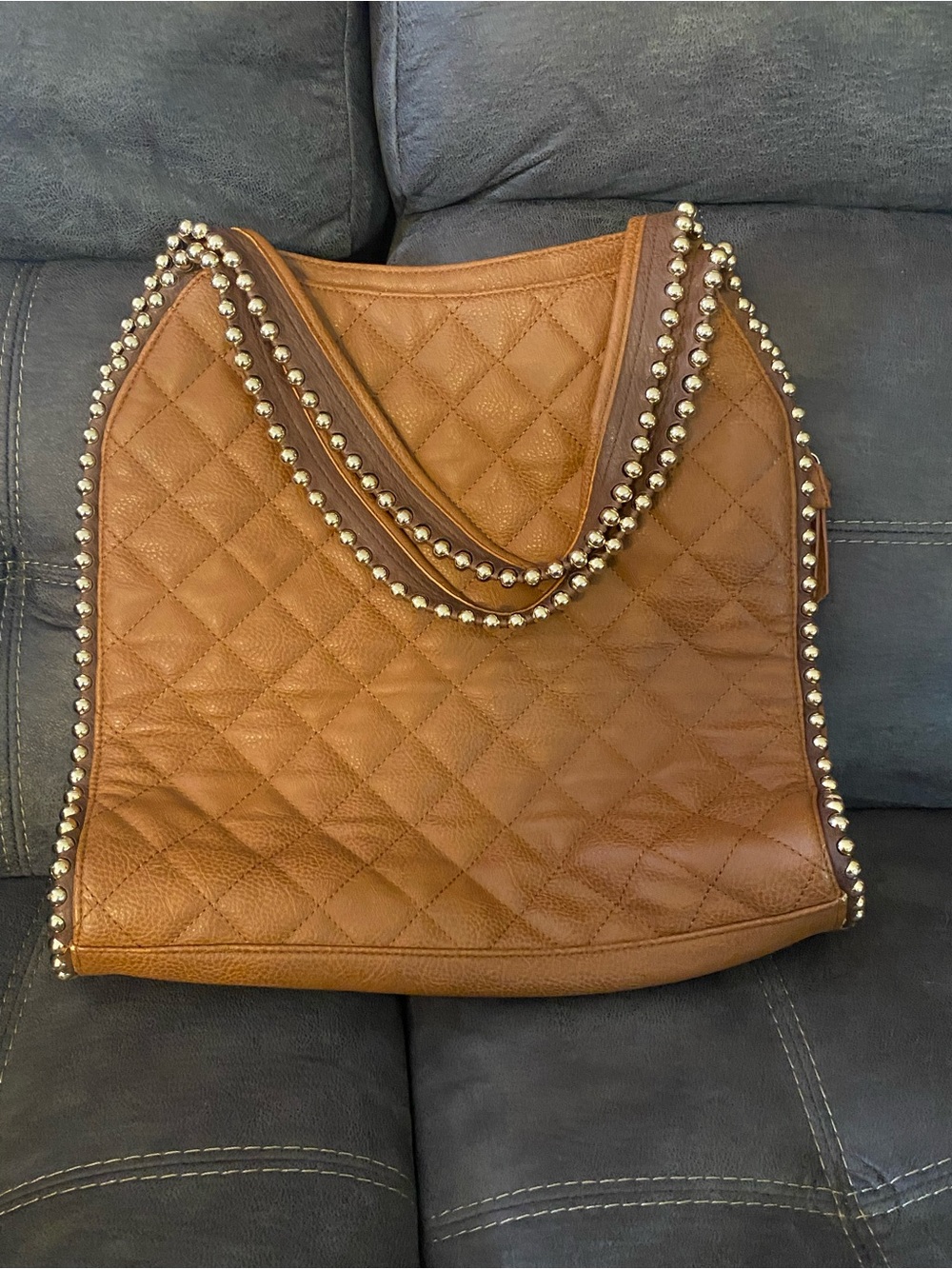 Big Buddha Quilted Tan Tote with Gold Studs